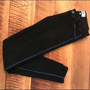 Paige skinny black pants with blue tuxedo stripe